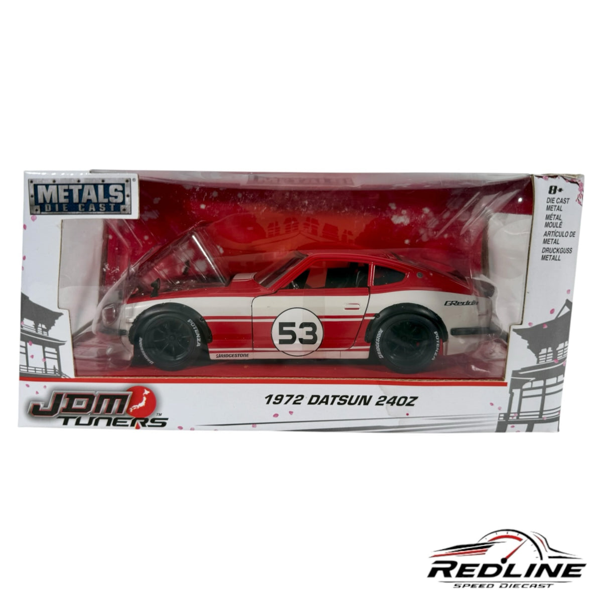 Redline Speed Diecast 1:24 scale 1972 Datsun 240Z die-cast model in red and white racing livery with widebody kit