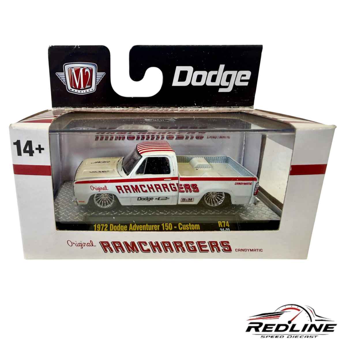 Redline Speed Diecast M2 Machines 1972 Dodge Adventurer 150 Ramchargers truck in white and red in original packaging