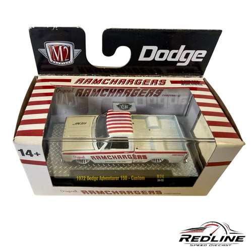 Redline Speed Diecast 1972 Dodge Adventurer 150 Custom truck in white and red Ramchargers livery in display packaging