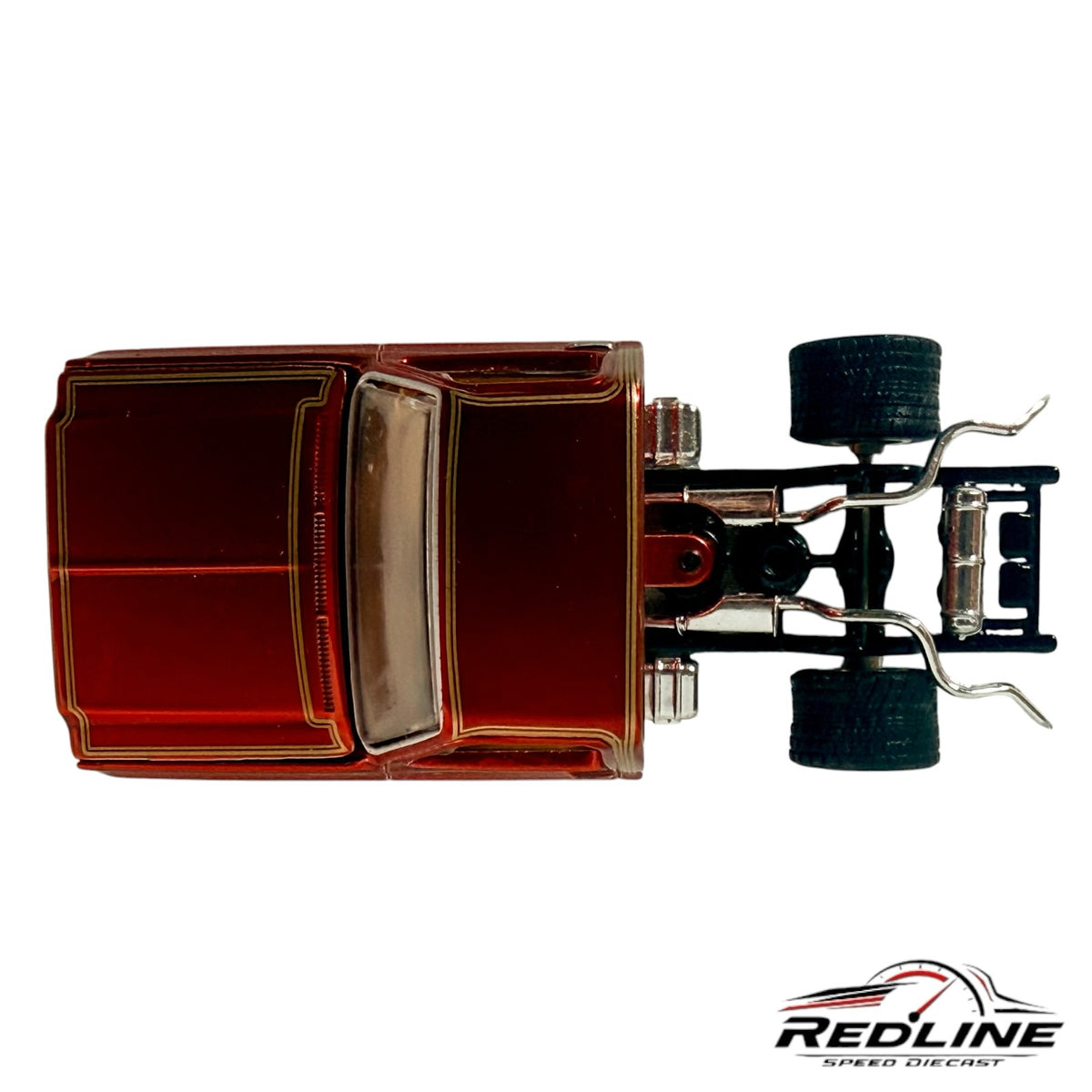 Redline Speed Diecast 1973 Chevrolet Cheyenne custom truck model in deep red with gold pinstriping, top-down view.
