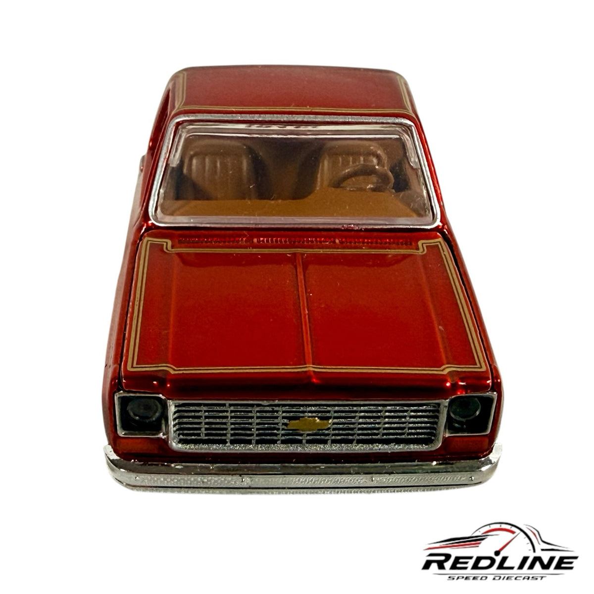 Redline Speed Diecast 1973 Chevrolet Cheyenne truck model in deep red with gold pinstriping and tan interior