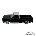 Redline Speed Diecast 1973 Chevrolet Cheyenne 10 model truck in black and silver with custom chrome wheels