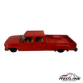 Redline Speed Diecast 1973 Chevrolet crew cab dually pickup truck model in glossy red with a tan interior