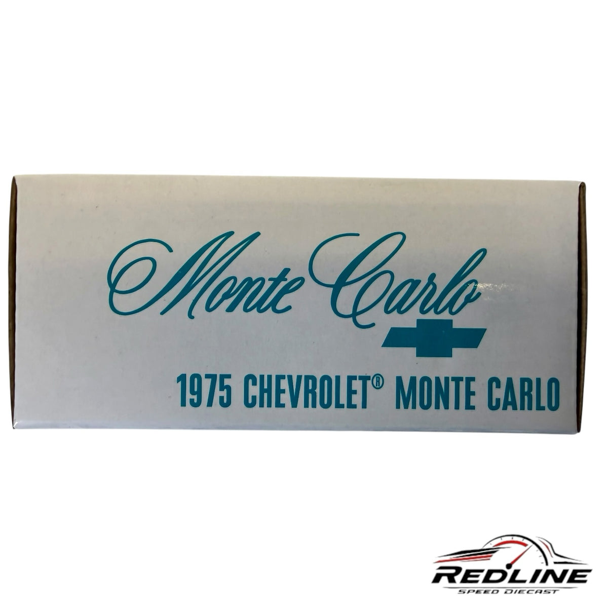 Redline Speed Diecast packaging box for a 1975 Chevrolet Monte Carlo model with teal branding and logo