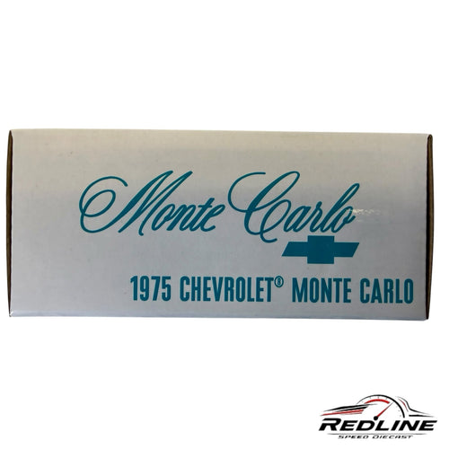Redline Speed Diecast packaging box for a 1975 Chevrolet Monte Carlo model with teal branding and logo