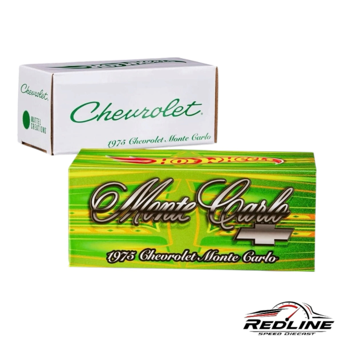 Redline Speed Diecast Hot Wheels 1975 Chevrolet Monte Carlo in a vibrant green and gold themed display box