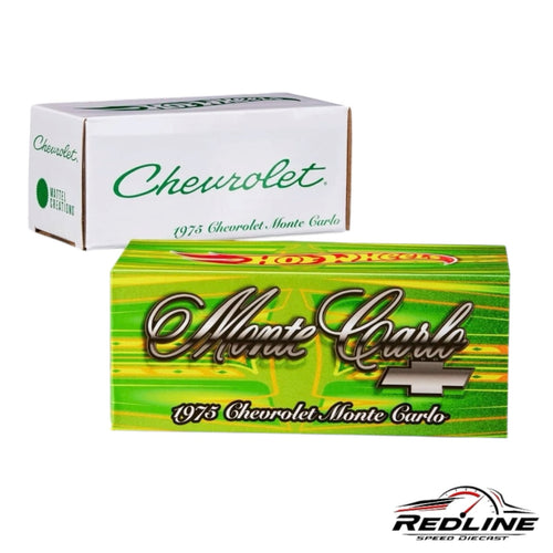 Redline Speed Diecast Hot Wheels 1975 Chevrolet Monte Carlo in a vibrant green and gold themed display box