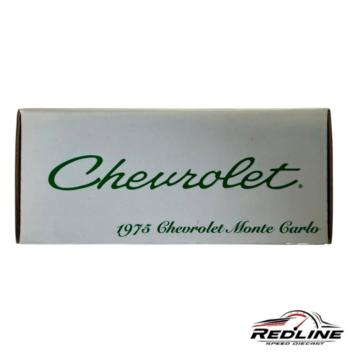 Redline Speed Diecast packaging box for the 1975 Chevrolet Monte Carlo featuring green text on a white background.