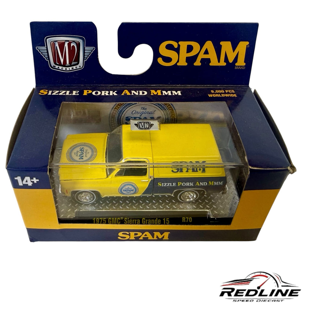 Redline Speed Diecast 1:64 scale M2 Machines 1975 GMC Sierra Grande 15 SPAM edition truck in yellow and blue packaging.
