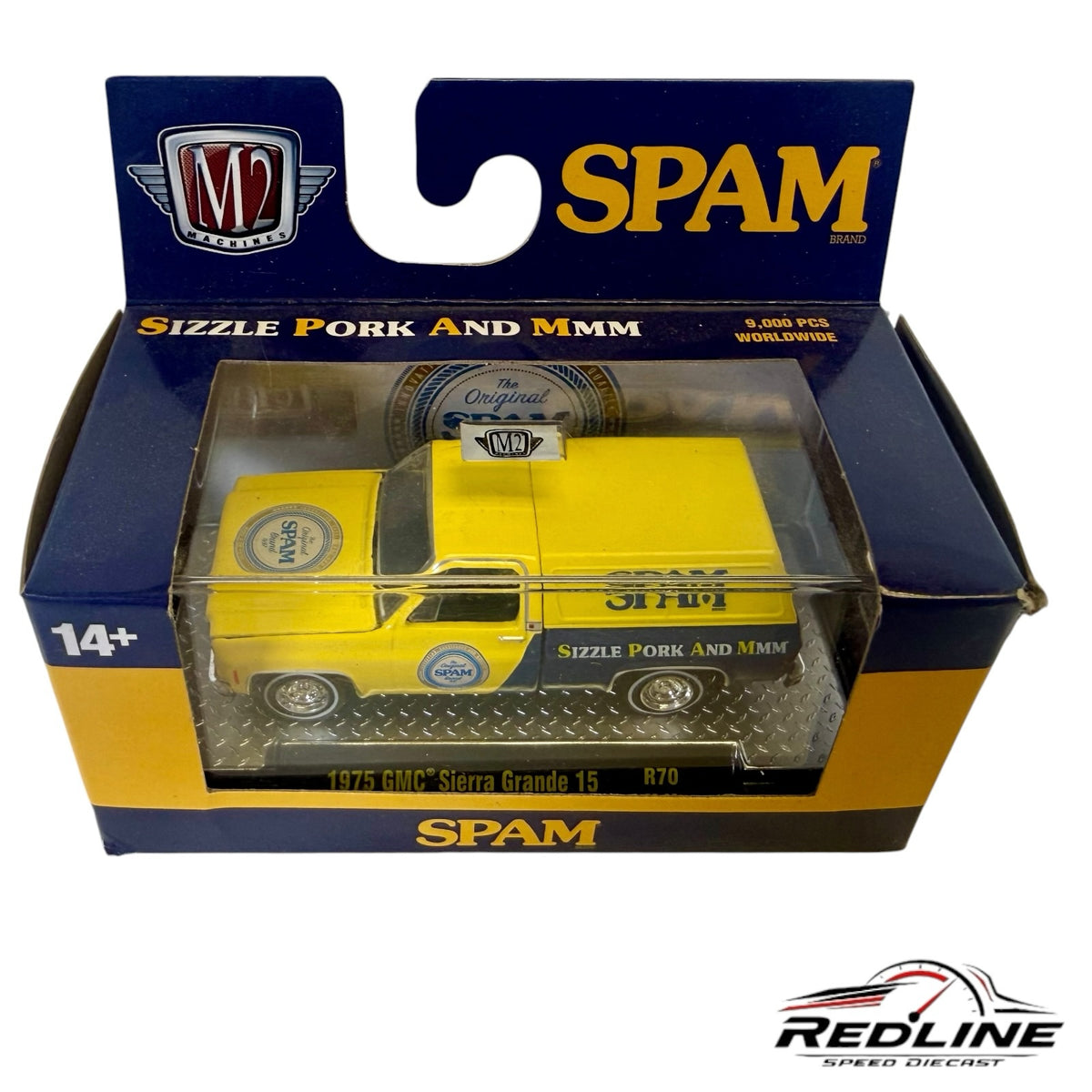 Redline Speed Diecast 1:64 scale M2 Machines 1975 GMC Sierra Grande 15 SPAM edition truck in yellow and blue packaging.