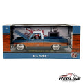 Redline Speed Diecast 1:24 scale 1976 GMC Sierra Grande 15 truck model in blue metallic with wood-grain side panels.