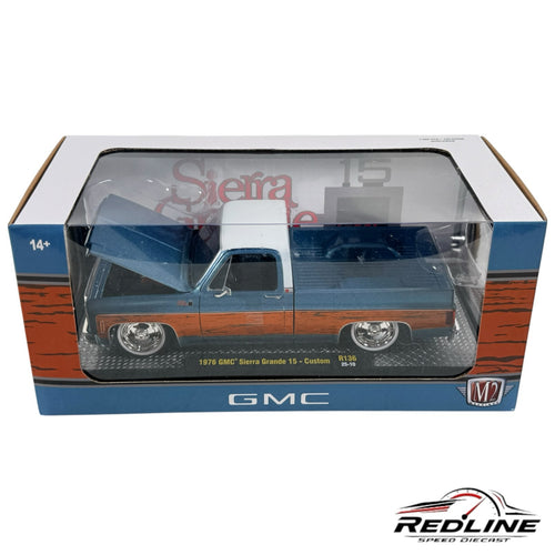 Redline Speed Diecast 1976 GMC Sierra Grande 15 custom truck model in blue and white with wood-grain side panels.