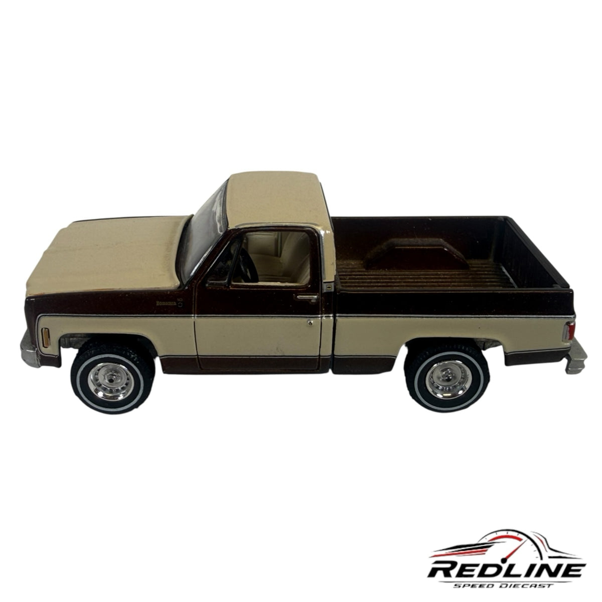Redline Speed Diecast 1977 Chevrolet C10 pickup truck model in two-tone brown and cream with chrome trim