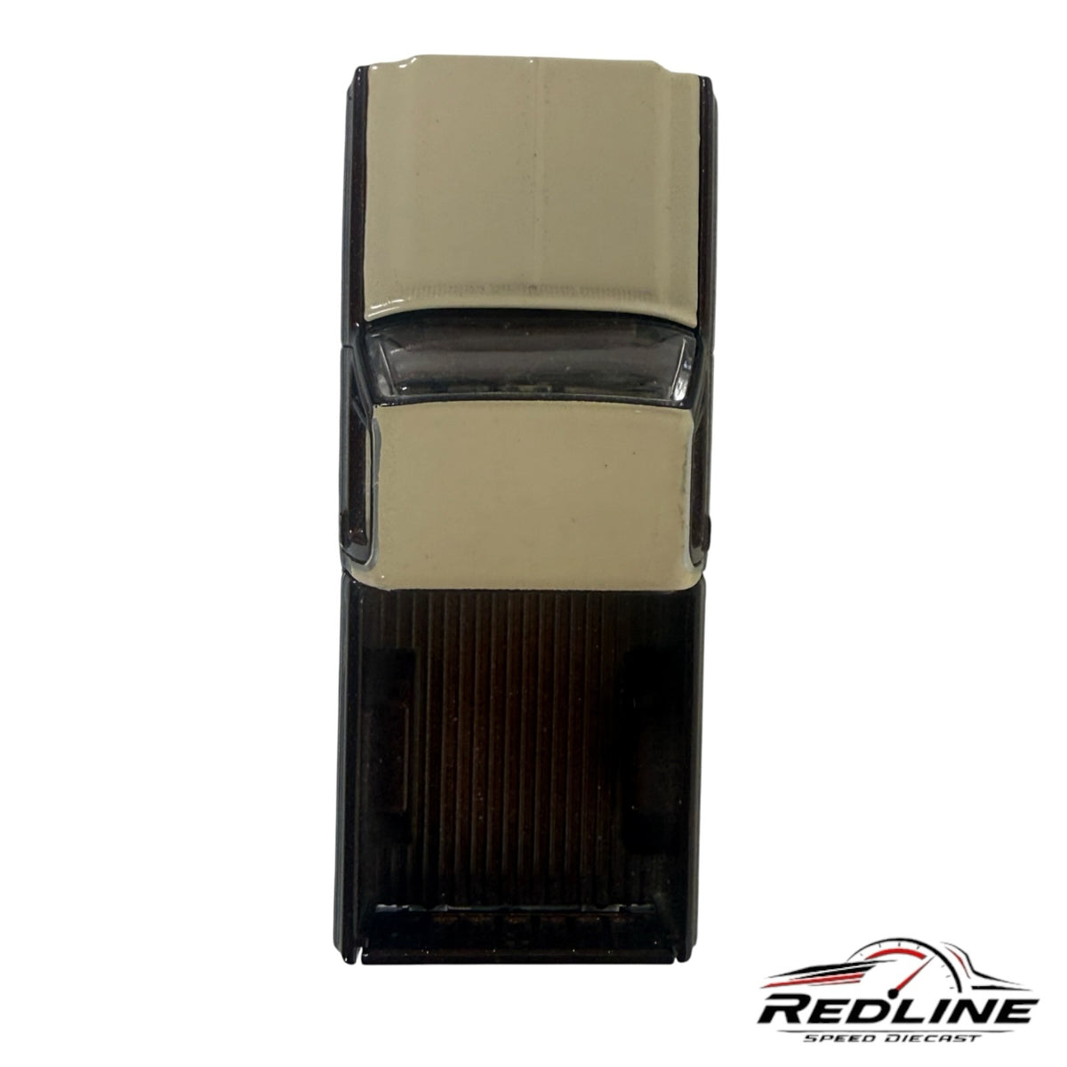 Redline Speed Diecast 1977 Chevrolet C10 pickup truck model in two-tone brown and cream, top-down view.