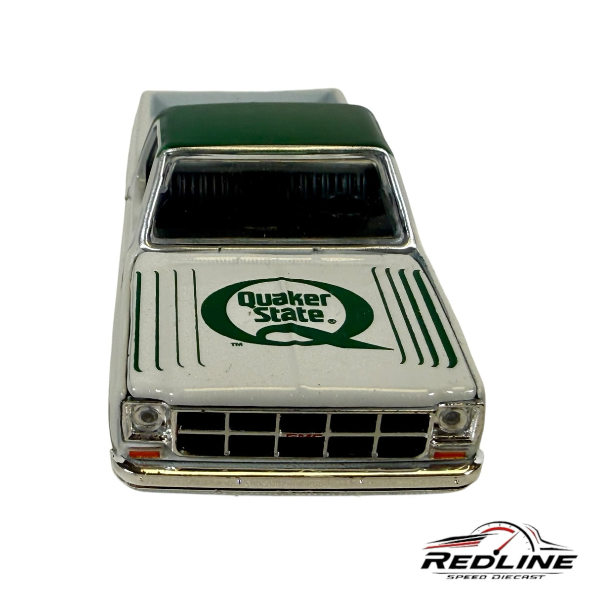 Redline Speed Diecast 1977 GMC Sierra Grande pickup truck model in white and green with Quaker State branding