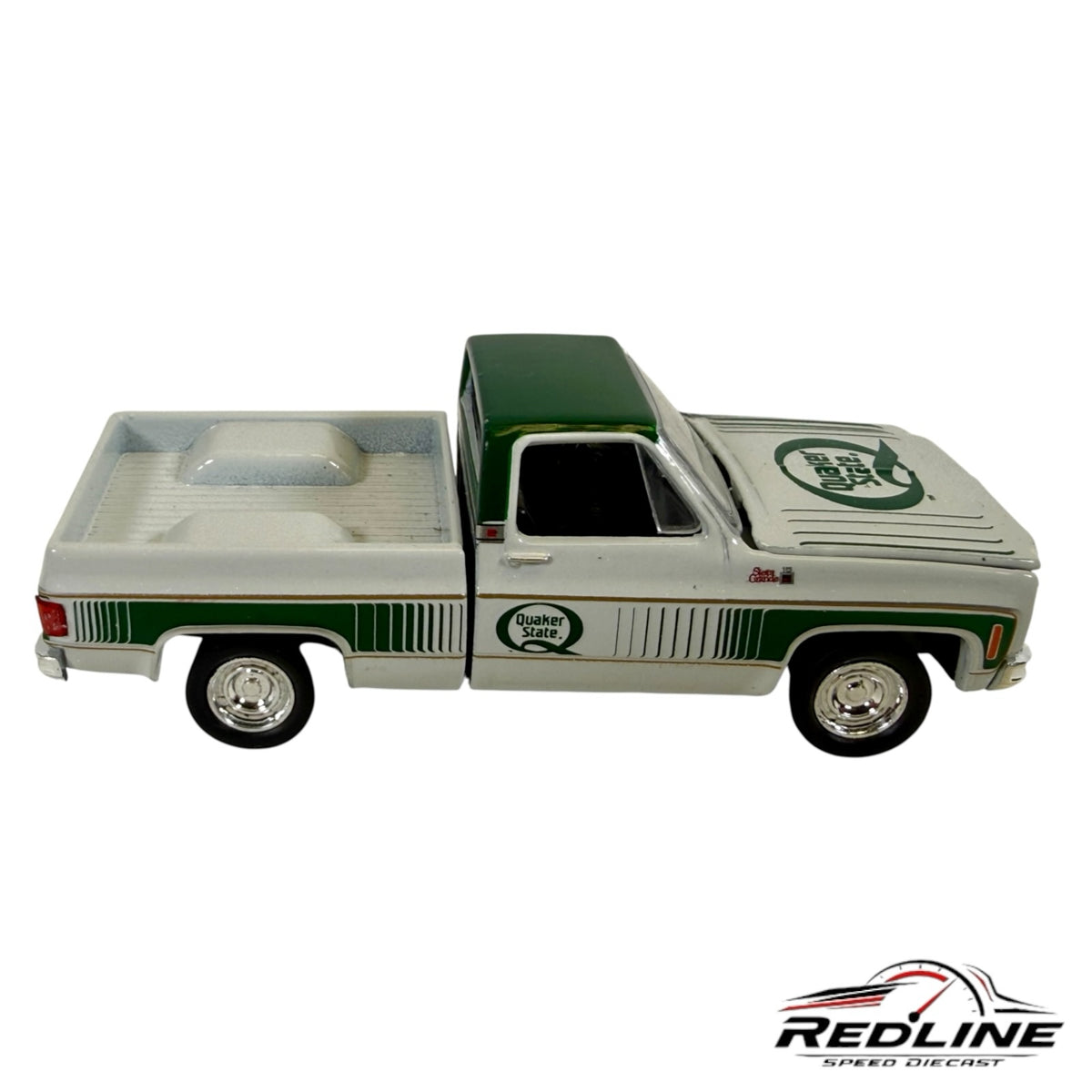 Redline Speed Diecast 1977 GMC Sierra Grande pickup truck model in white and green with Quaker State branding