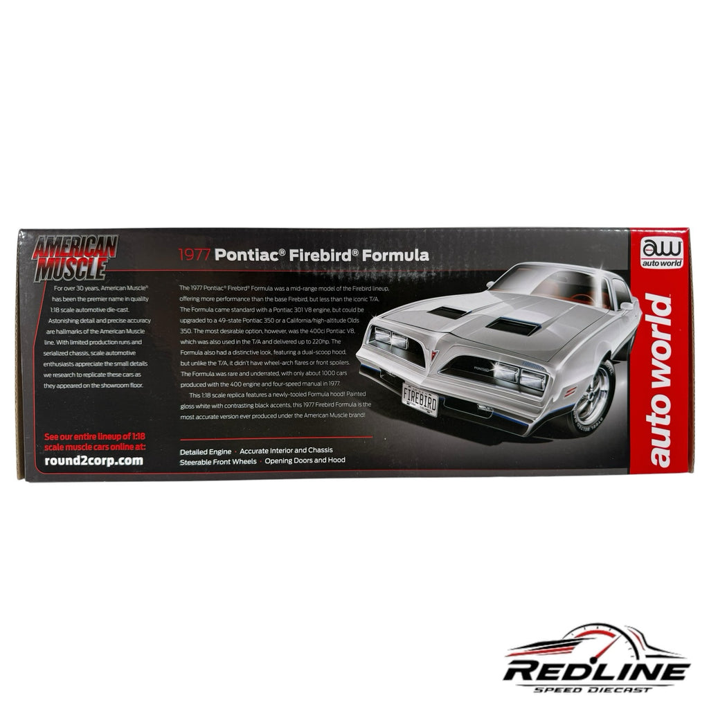 Redline Speed Diecast 1:18 scale 1977 Pontiac Firebird Formula model car box with white muscle car illustration