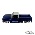 Redline Speed Diecast 1979 Chevrolet C10 stepside pickup truck model in deep blue with a silver roof and chrome wheels.