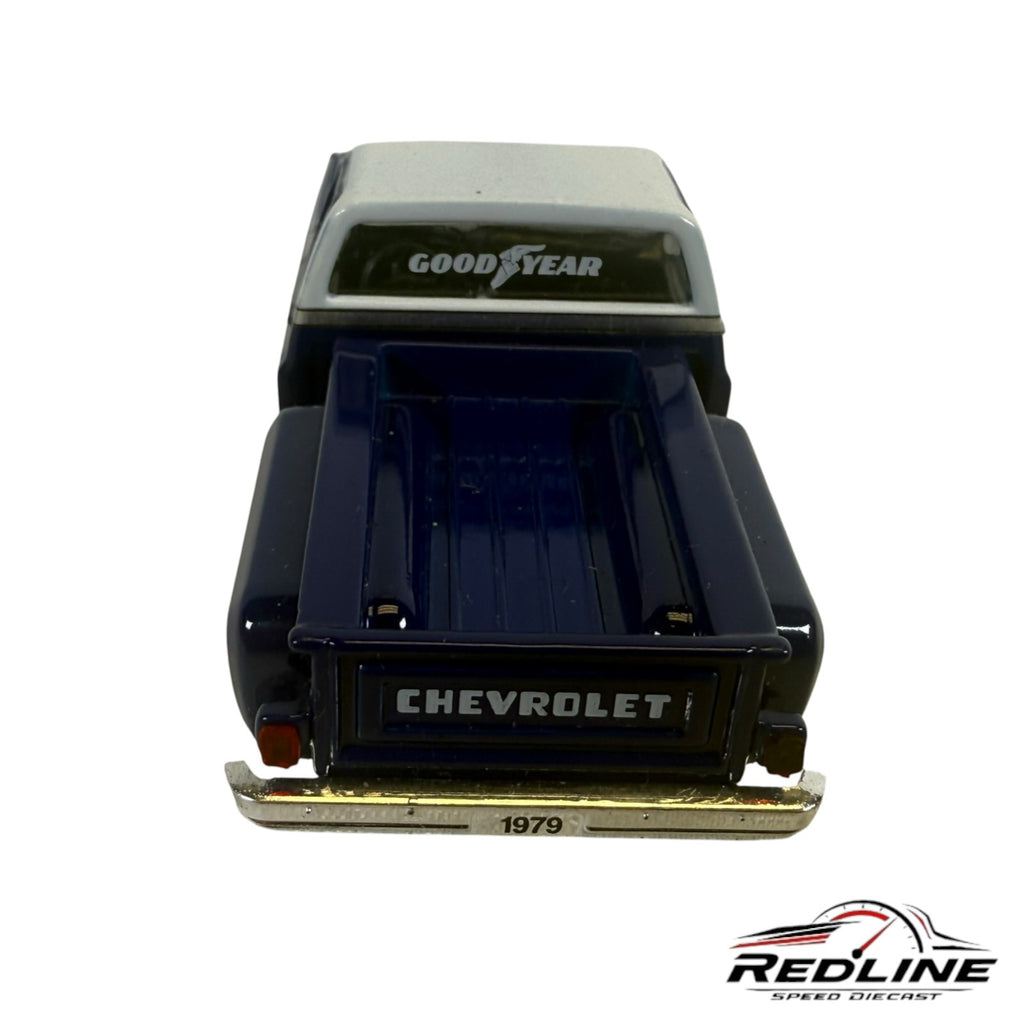 Redline Speed Diecast 1979 Chevrolet C10 pickup model in deep blue with silver roof and detailed truck bed