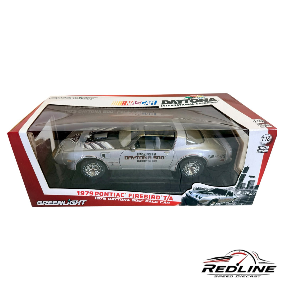 Redline Speed Diecast 1:18 scale 1979 Pontiac Firebird Trans Am Daytona 500 pace car model in silver box packaging