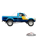 Redline Speed Diecast 1981 Toyota SR5 4WD pickup model in blue and white with yellow graphics and a roll bar