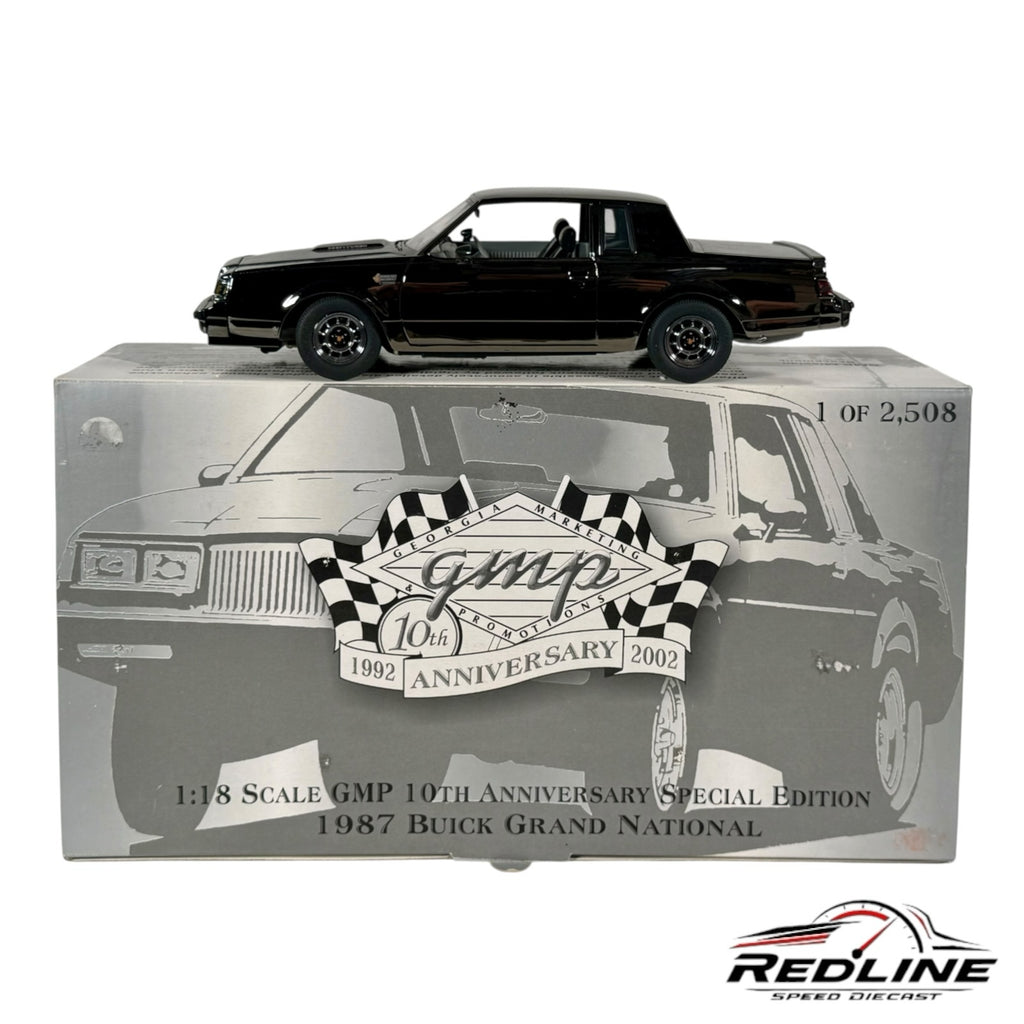 Redline Speed Diecast 1:18 scale black 1987 Buick Grand National model car on its 10th Anniversary special edition box
