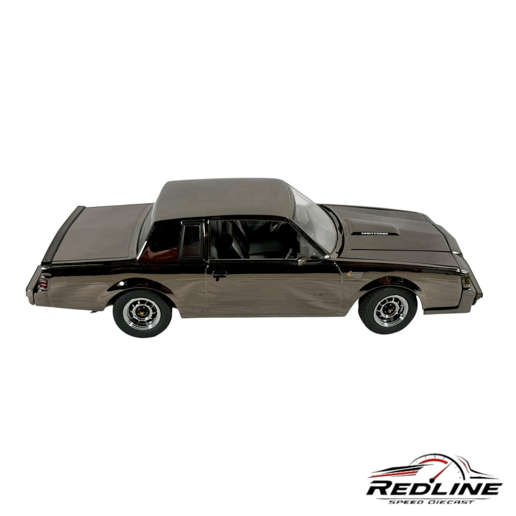 Redline Speed Diecast 1:18 scale 1987 Buick Grand National model car in glossy black with detailed exterior features.