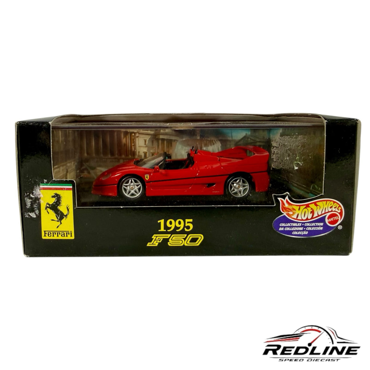 Redline Speed Diecast 1:43 scale 1995 Ferrari F50 model car in signature red, displayed in original packaging.
