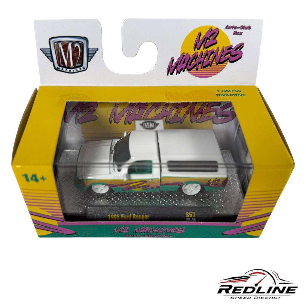 Redline Speed Diecast M2 Machines 1995 Ford Ranger 1:64 scale white truck with retro graphics in collector box