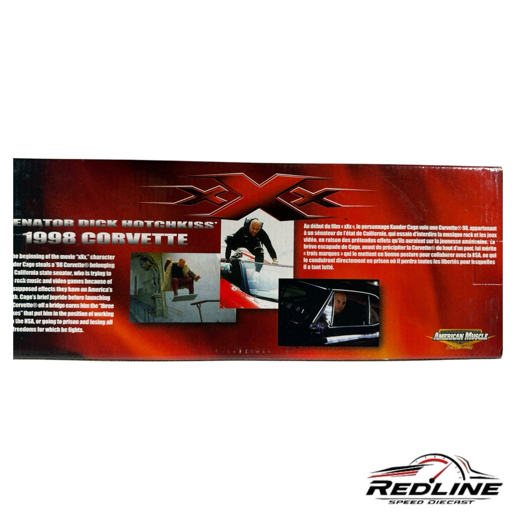 Redline Speed Diecast packaging for the 1998 Corvette xXx movie edition featuring film stills and character details.