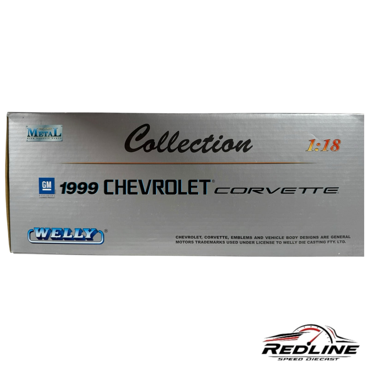 Redline Speed Diecast packaging box for a 1:18 scale 1999 Chevrolet Corvette model with silver metallic finish.