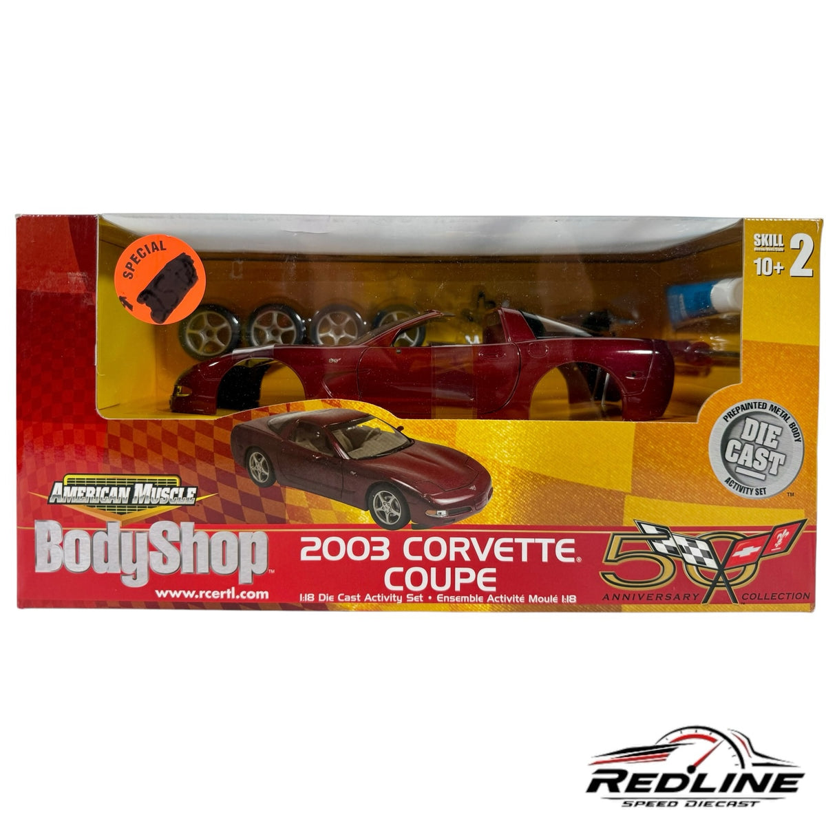 Redline Speed Diecast 1:18 scale 2003 Corvette Coupe model kit in a 50th Anniversary collection display box