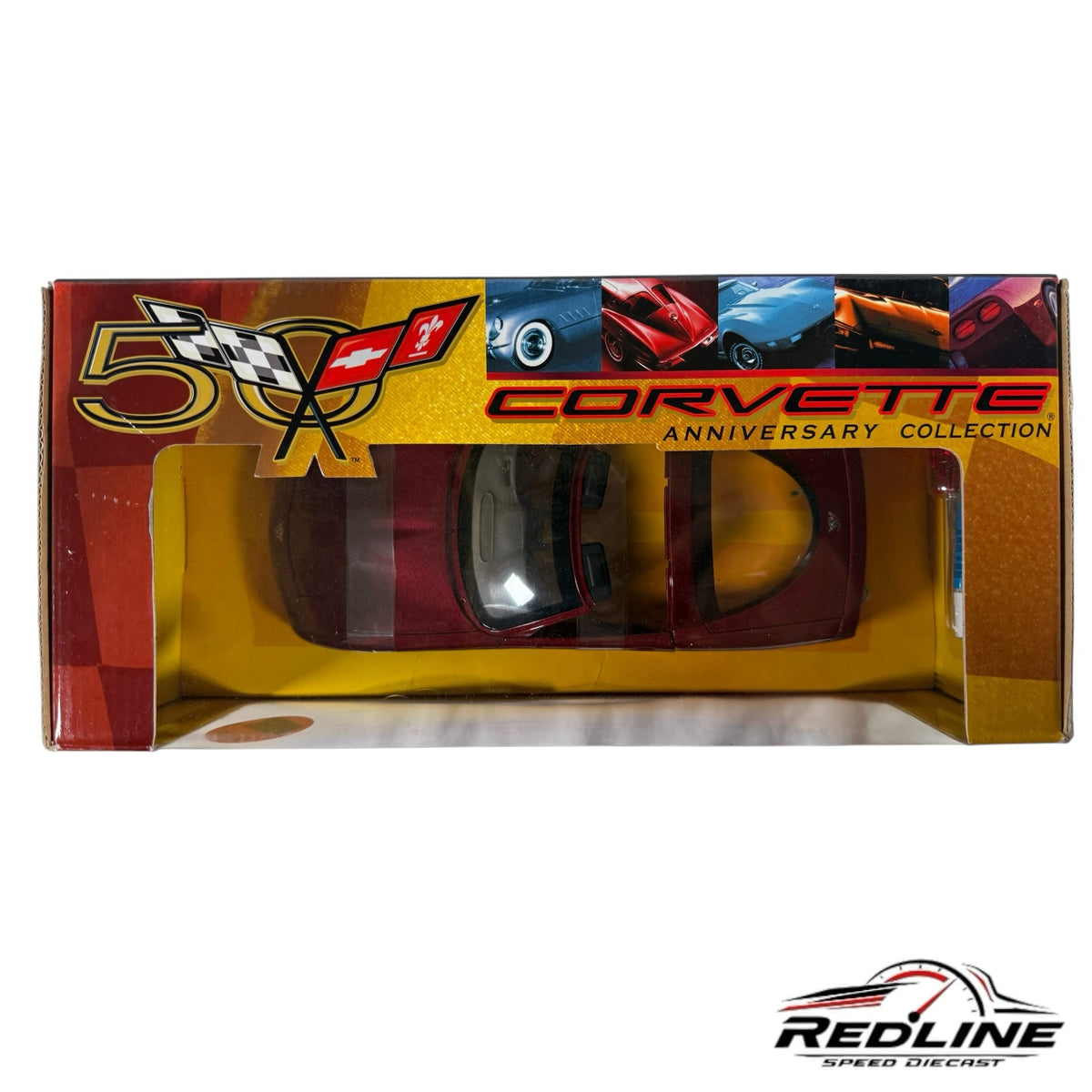 Redline Speed Diecast 2003 Corvette Coupe 50th Anniversary model kit in a display box with red metal body parts.