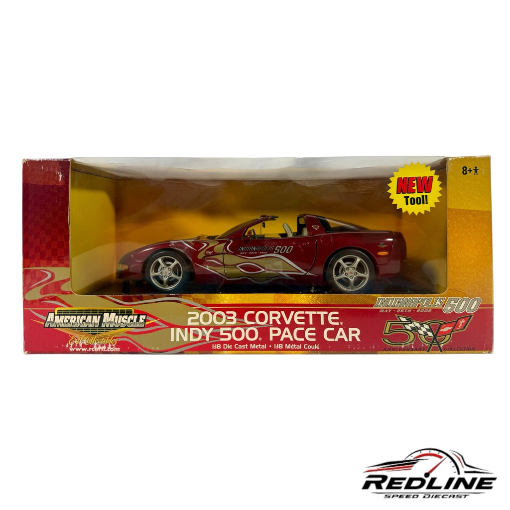 Redline Speed Diecast 1:18 scale 2003 Chevrolet Corvette Indy 500 Pace Car model in red with official graphics.