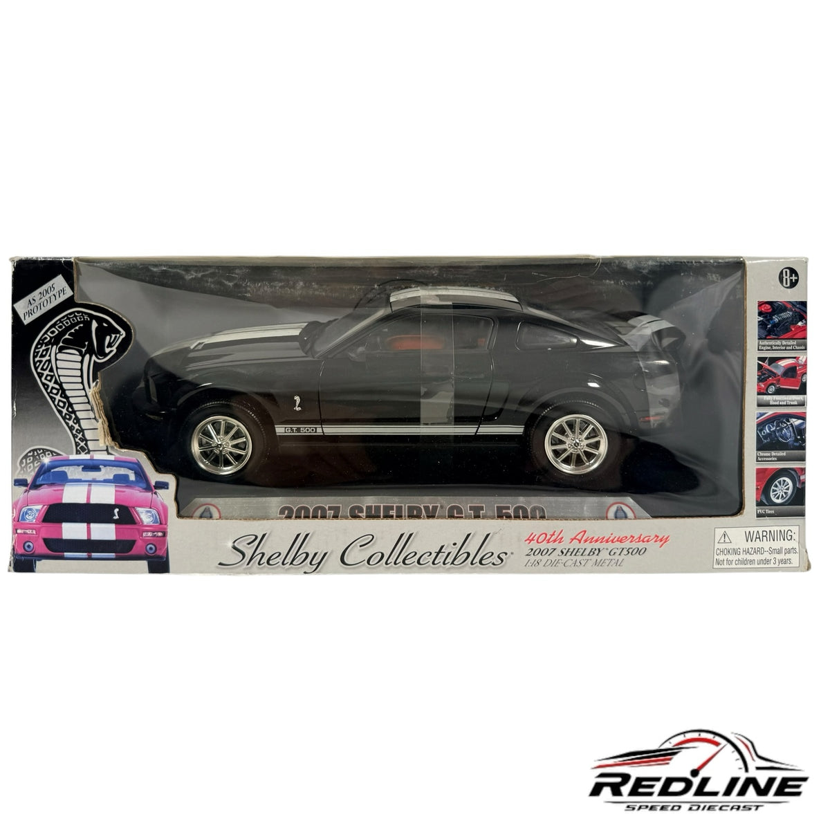 Redline Speed Diecast 1:18 scale 2007 Shelby GT500 model car in black with white stripes inside original packaging