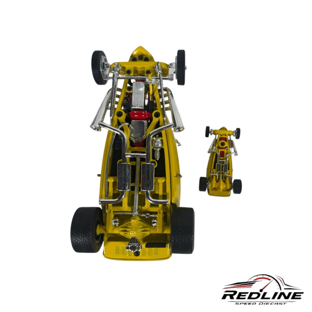 Redline Speed Diecast Hot Wheels Legends 34 Ford Hot Rod showing detailed chrome chassis and engine from below