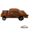 Redline Speed Diecast 55 Chevy Bel Air Gasser in metallic copper-orange with gold geometric graphics and chrome engine