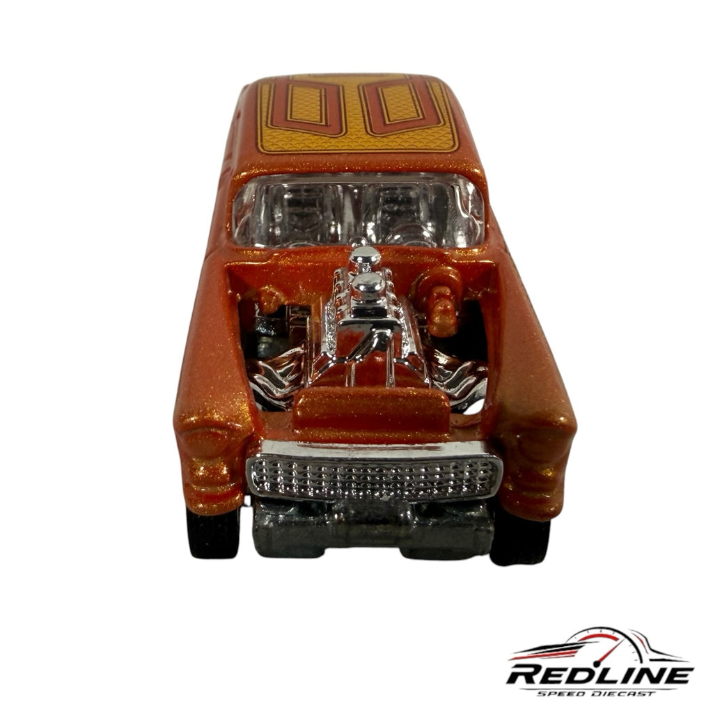 Redline Speed Diecast 55 Chevy Bel Air Gasser in metallic copper-orange with a chrome engine and gold roof graphics
