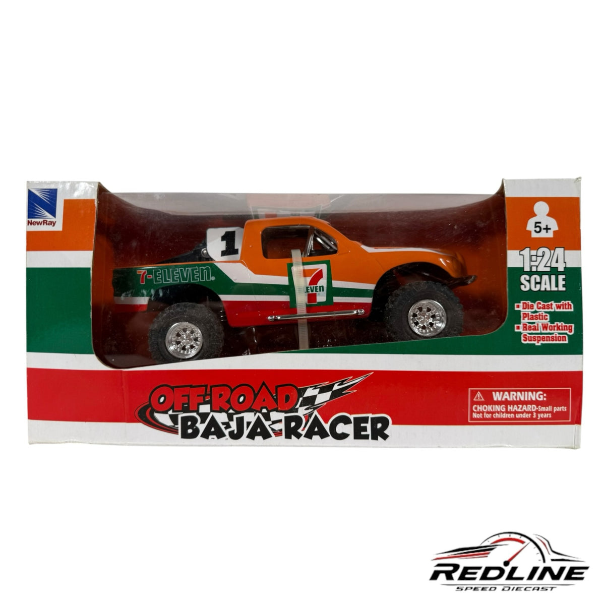 Redline Speed Diecast 1:24 scale NewRay 7-Eleven Baja racer truck in orange, green, and white with off-road tires.
