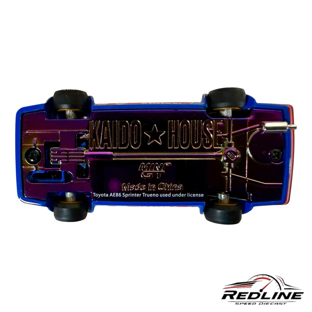 Redline Speed Diecast KAIDO HOUSE Toyota AE86 Sprinter Trueno model car showing iridescent metal chassis underside
