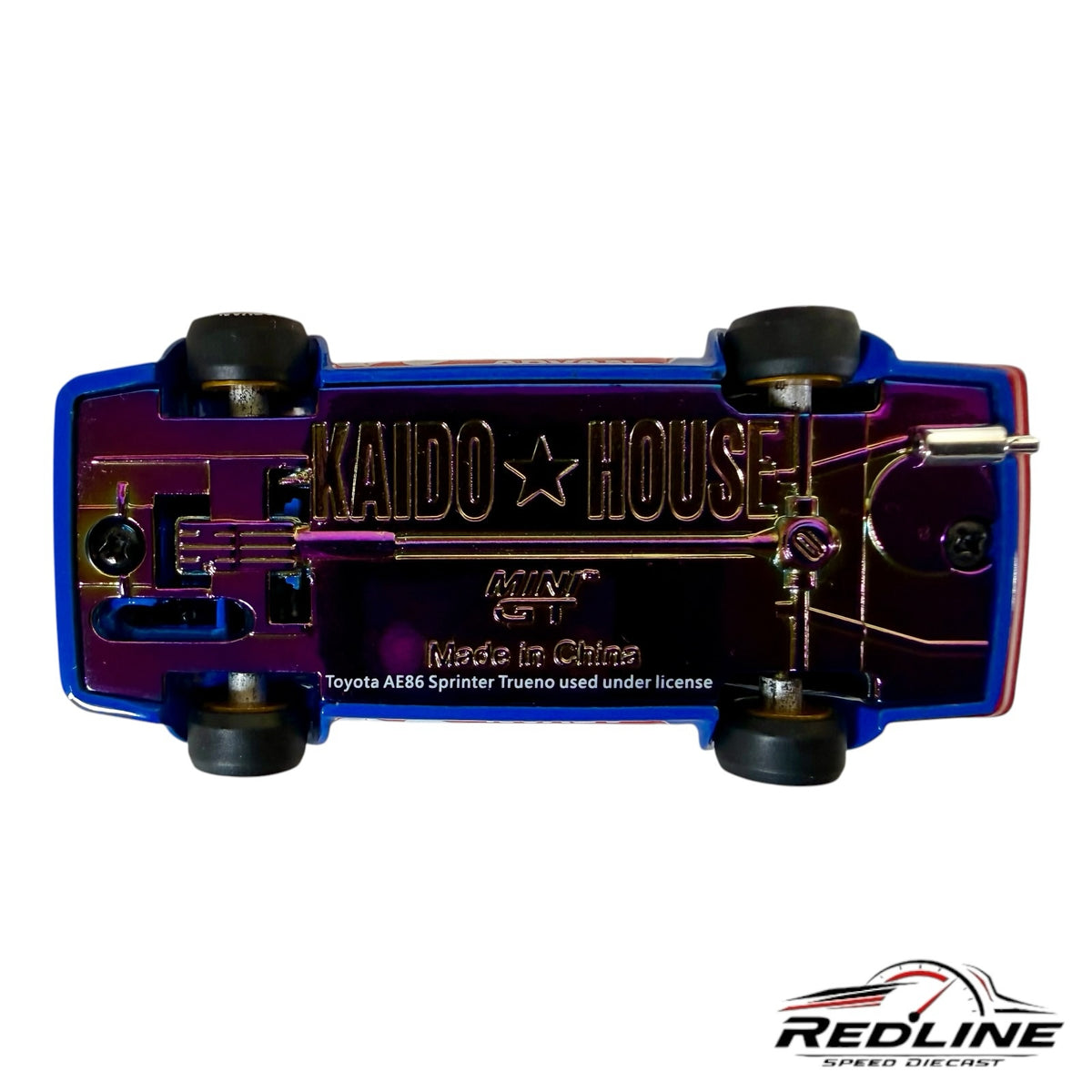 Redline Speed Diecast KAIDO HOUSE Toyota AE86 Sprinter Trueno model car showing iridescent metal chassis underside