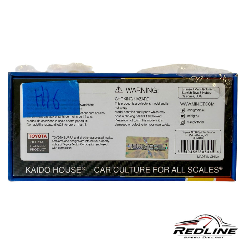 Redline Speed Diecast packaging back view for Kaido House Toyota AE86 Sprinter Trueno model with safety warnings