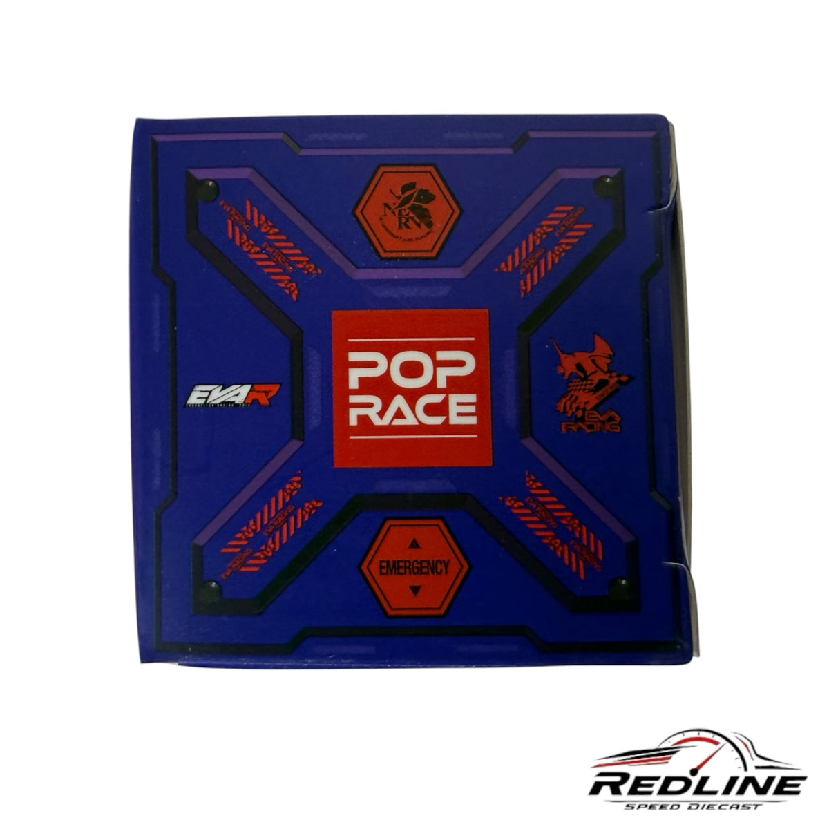 Redline Speed Diecast POP RACE Audi R8 LMS Evangelion themed purple display box with NERV and EVA Racing logos.