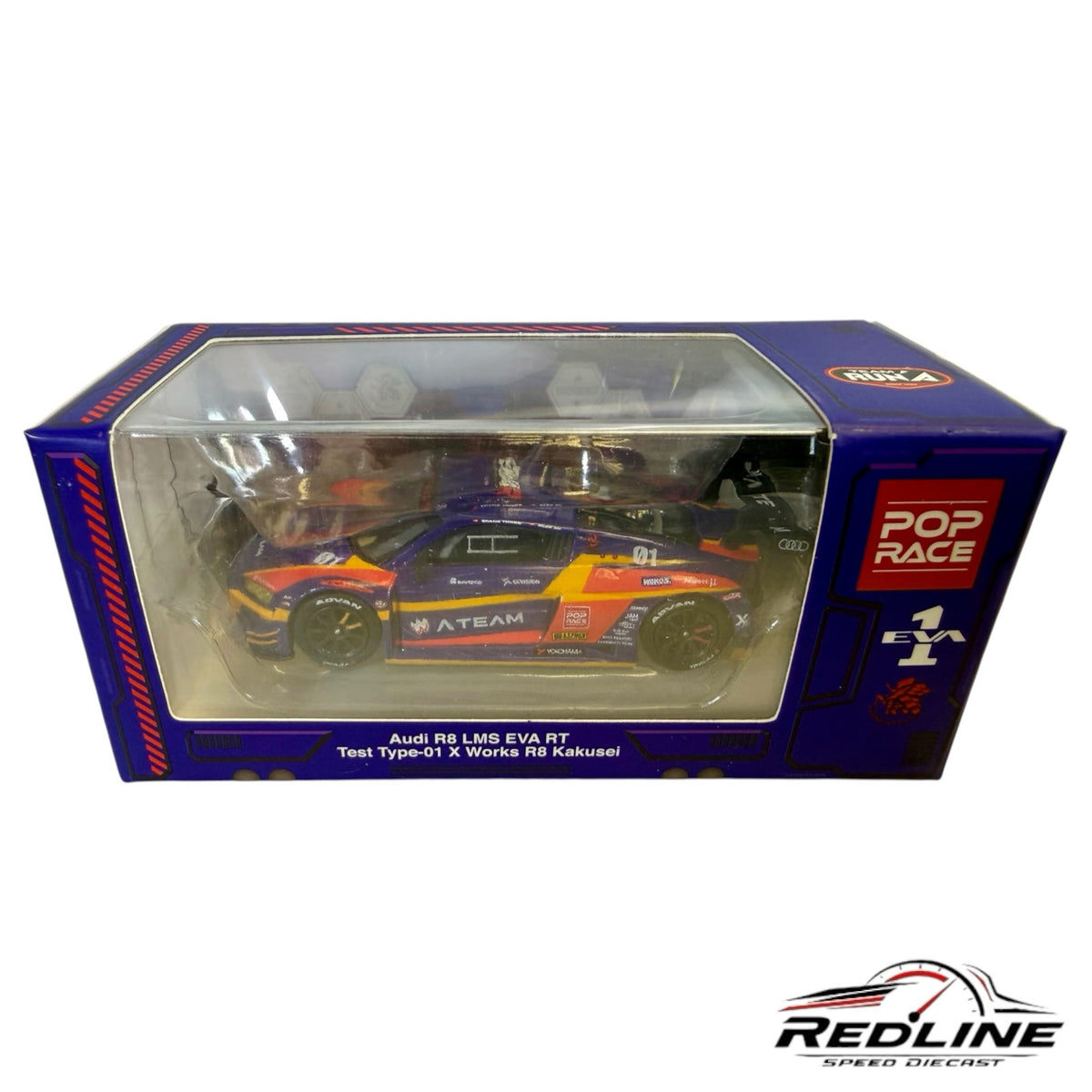 Redline Speed Diecast 1/64 scale Audi R8 LMS EVA RT Test Type-01 racing car model in purple and neon livery