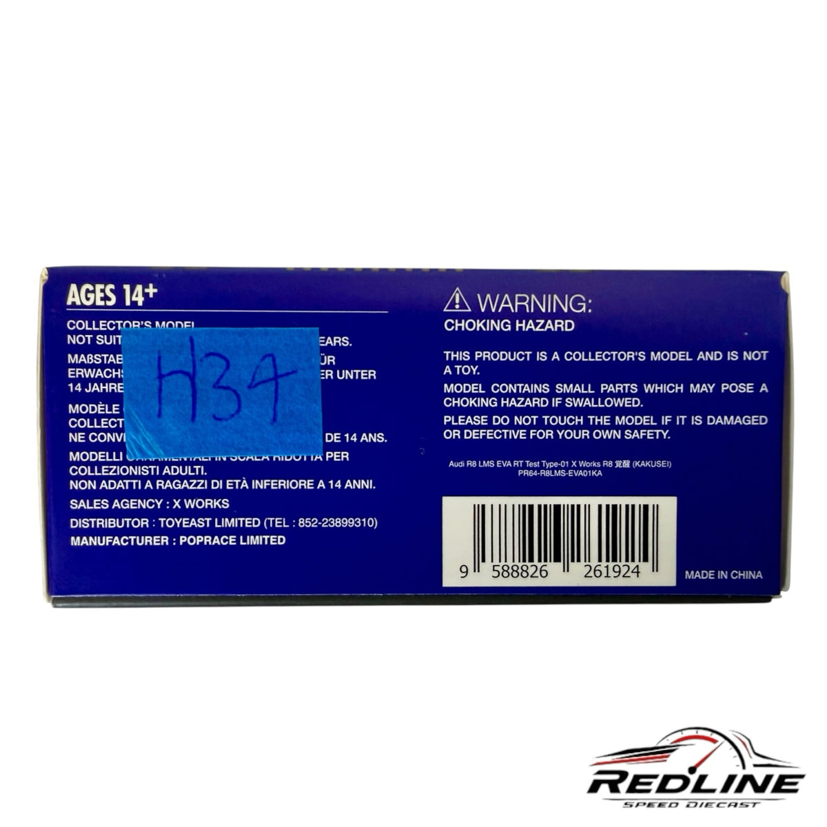 Redline Speed Diecast packaging for POP RACE Audi R8 LMS EVA Unit-01 model with safety warnings and barcode
