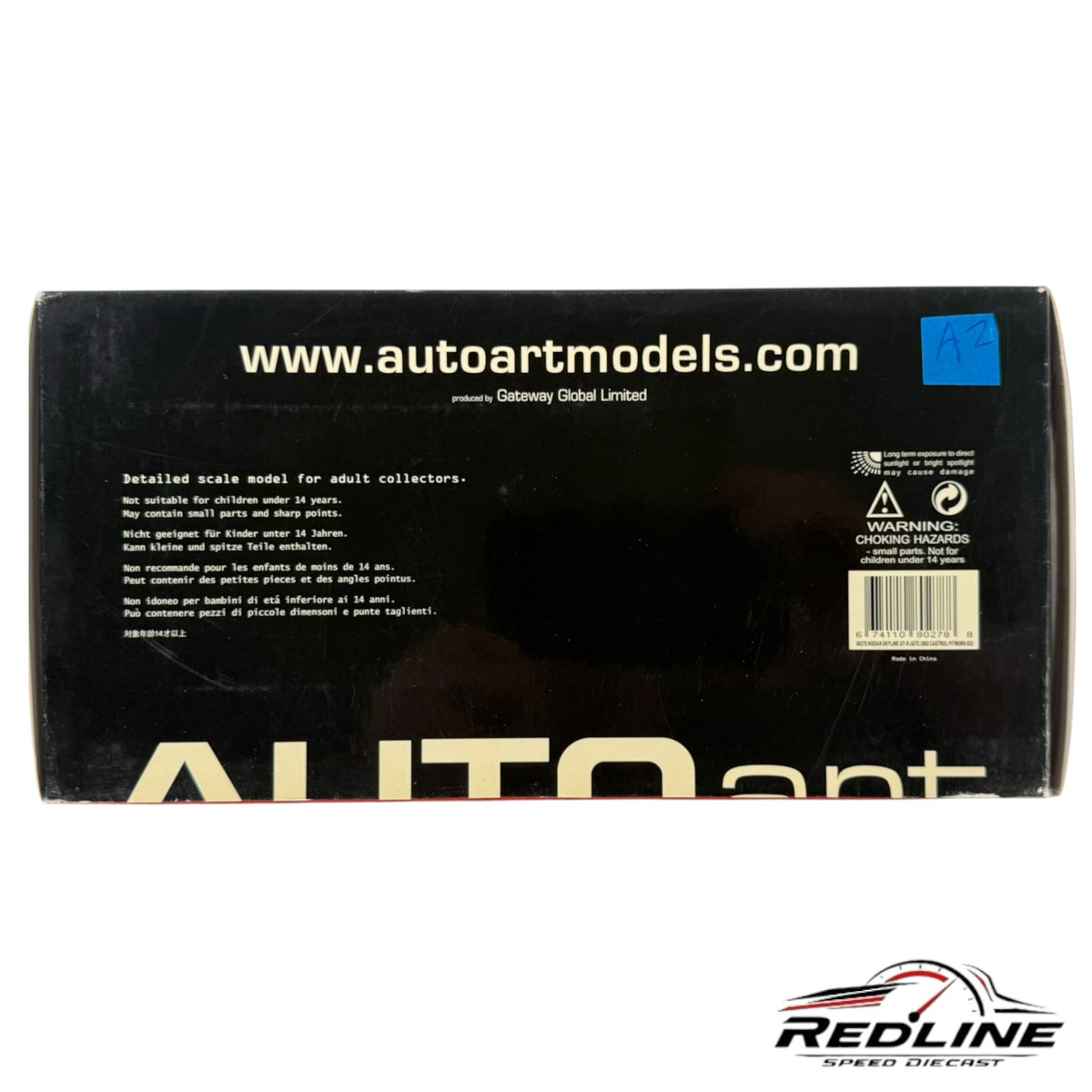 Redline Speed Diecast black AUTOart model car packaging box with white branding and safety warnings