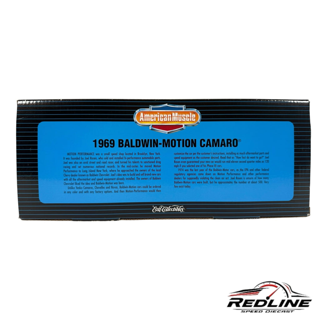 Redline Speed Diecast 1969 Baldwin-Motion Camaro collector box with historical information and American Muscle branding.