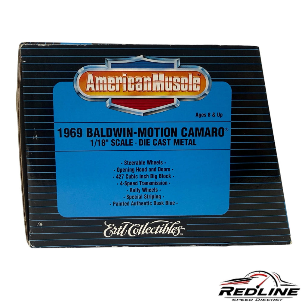 Redline Speed Diecast packaging for a 1:18 scale 1969 Baldwin-Motion Camaro model with blue and black box design
