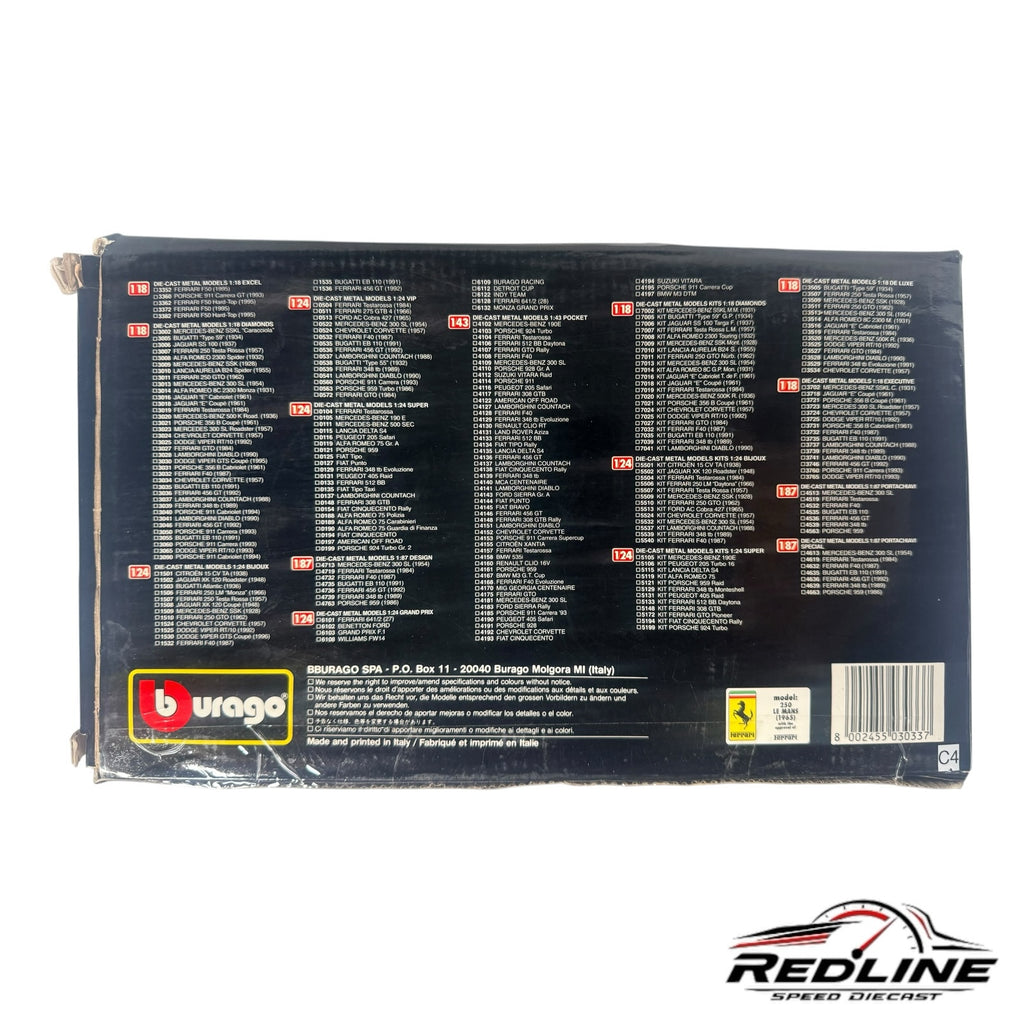 Redline Speed Diecast Bburago Ferrari 250 Le Mans model packaging box with detailed product list on the back