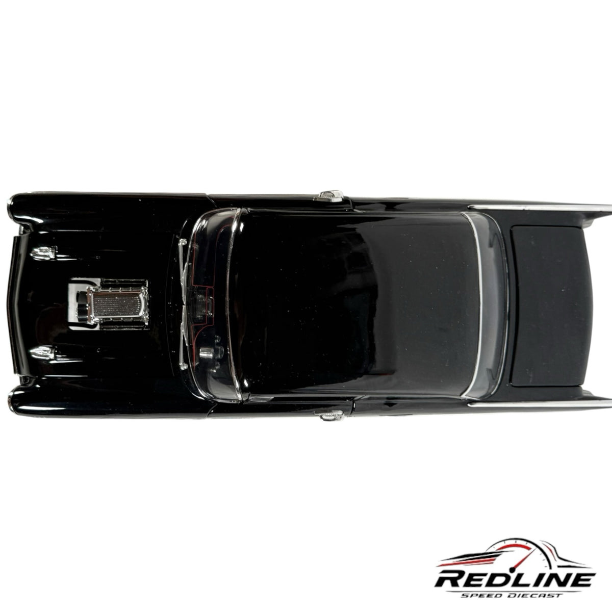 Top-down view of a Redline Speed Diecast 1957 Chevrolet Bel Air Gasser model in glossy black with chrome blower.